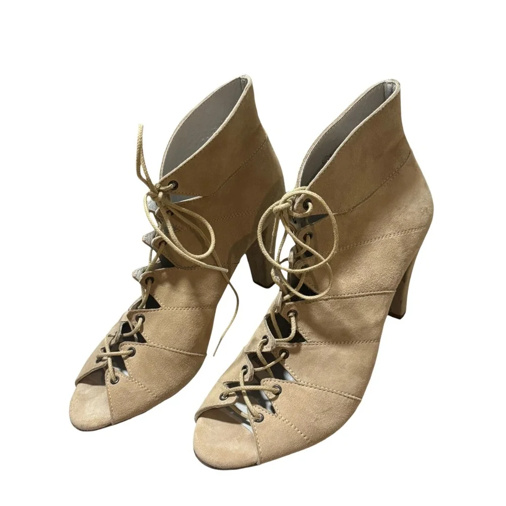 Eric‎ Michael Tan Suede Lace Up peep Toe ankle Booties Heels 41/10 festival boho